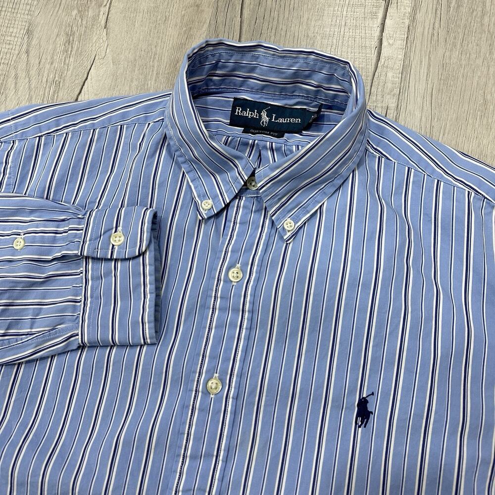 Polo Ralph Lauren Shirt Mens Large Blue Striped Button Down Custom Fit Preppy